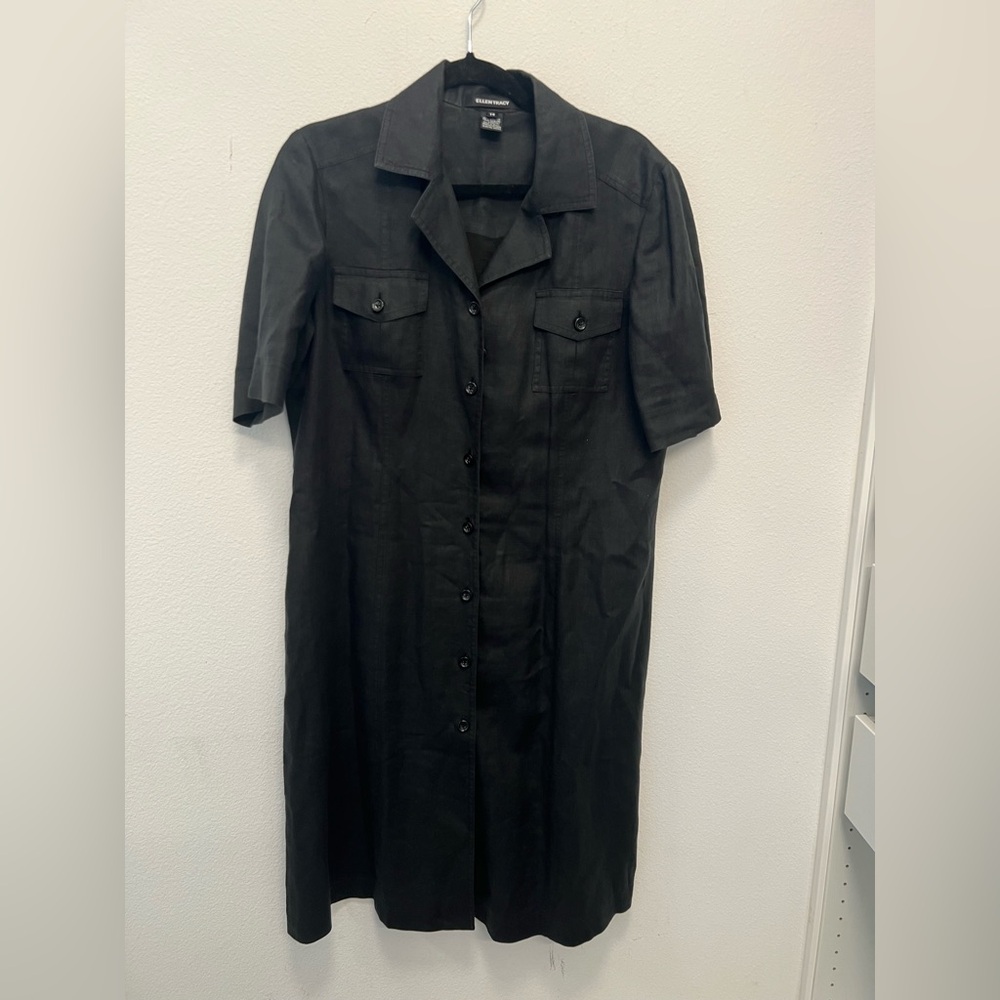 100% Linen - Ellen Tracy Button Front Shirt Dress Black Size 14